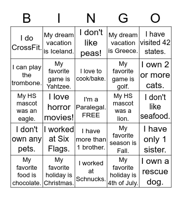 GETTING TO KNOW YOU Bingo Card