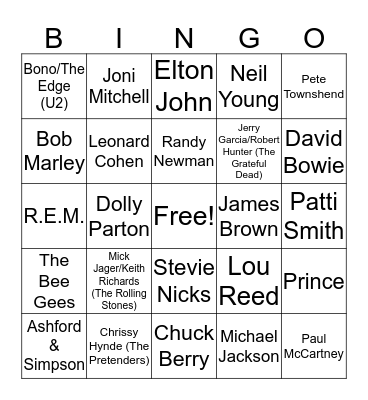 Greatest Guitarists Bingo Card
