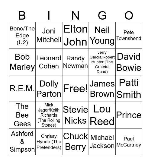 Greatest Guitarists Bingo Card