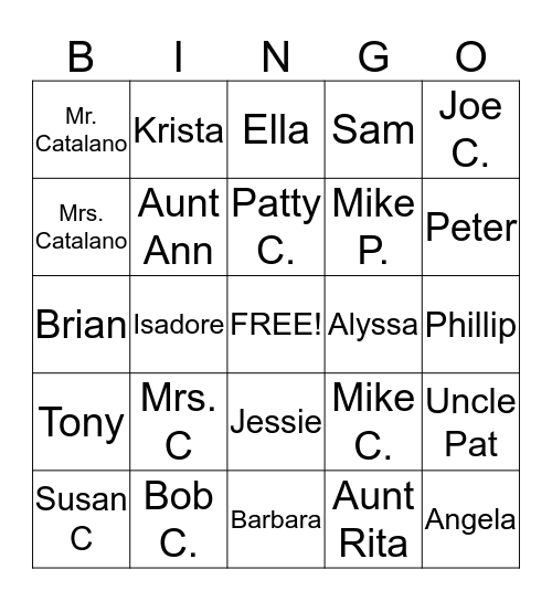 Holiday Family & Friends Bingo Card