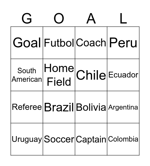 South American Soccer Teams  Bingo Card