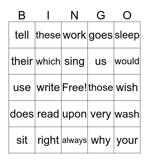 Second Grade Sight Word Bingo Card