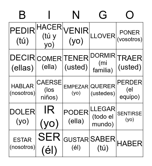 PRETERITO Bingo Card
