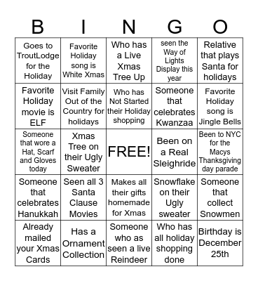 YMCA HOLIDAY BINGO Card