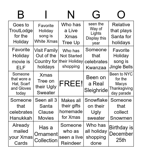 YMCA HOLIDAY BINGO Card