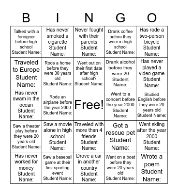 When was the first time you __________? Bingo Card