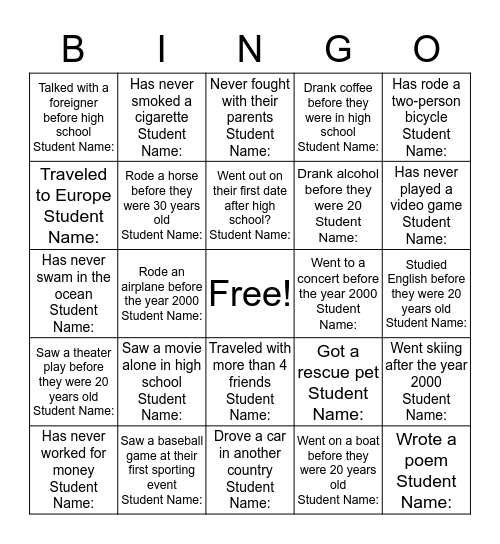 When was the first time you __________? Bingo Card