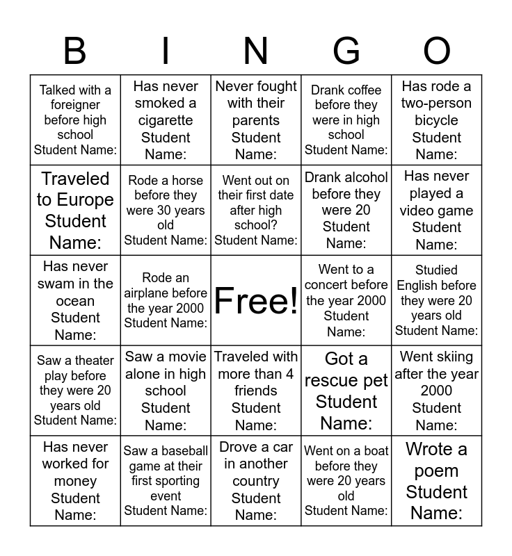 When was the first time you __________? Bingo Card