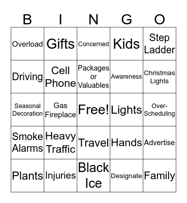 Holiday Safety BINGO Card