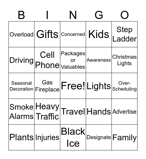 Holiday Safety BINGO Card