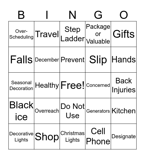 Holiday Safety BINGO Card