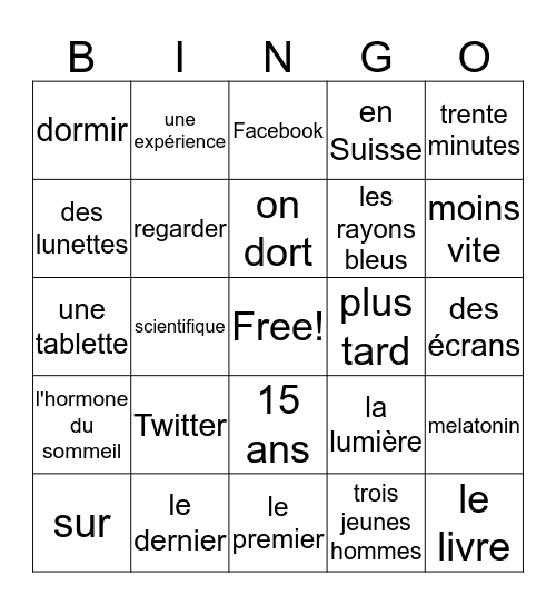 Sommeil écran Bingo Card