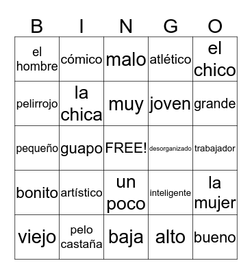 Spanish 1.2 Vocabulary Bingo Card