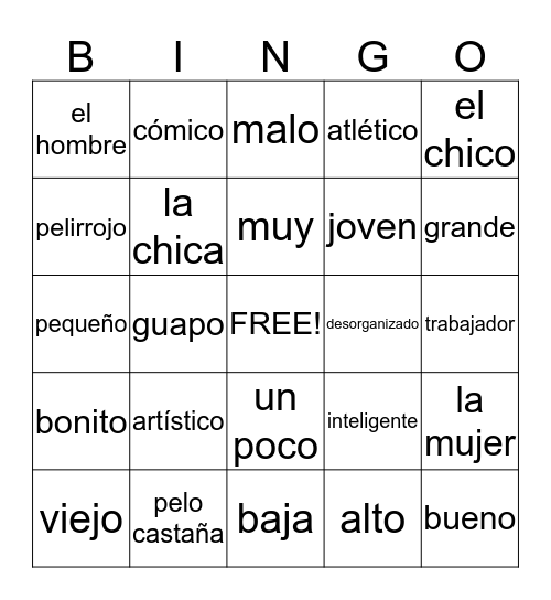 Spanish 1.2 Vocabulary Bingo Card