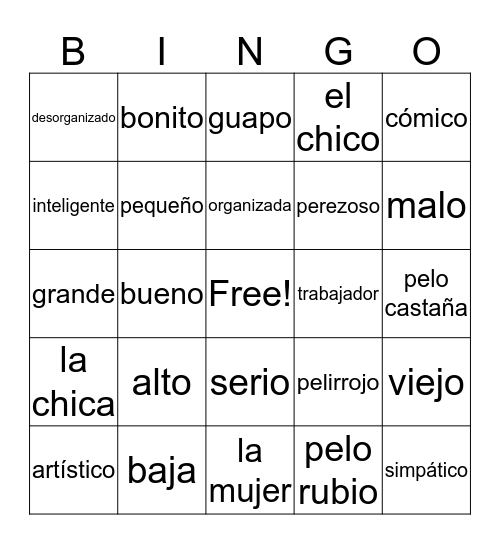 Spanish 1.2 Vocabulary Bingo Card