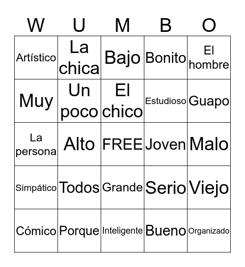 Spanish Bingo Unit 1 Lesson 2 Bingo Card