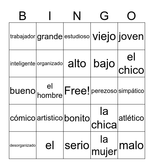 Spanish Bingo Unit 1 Lesson 2 Bingo Card