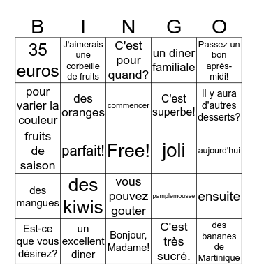 Un marchand de fruits Bingo Card