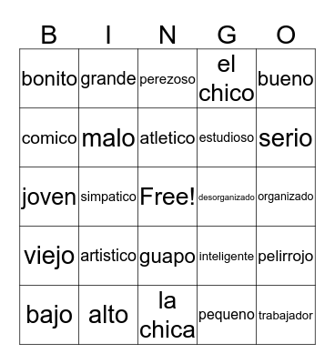 Spanish Descriptions Bingo Card