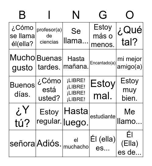 Spanish 1A - C1L1 Bingo Card