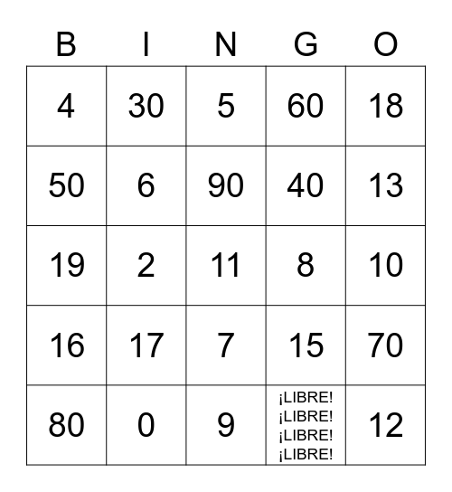 Los Números Bingo Card