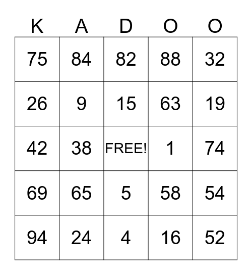 Bingo Kadoo Bingo Card