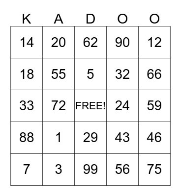 Bingo Kadoo Bingo Card