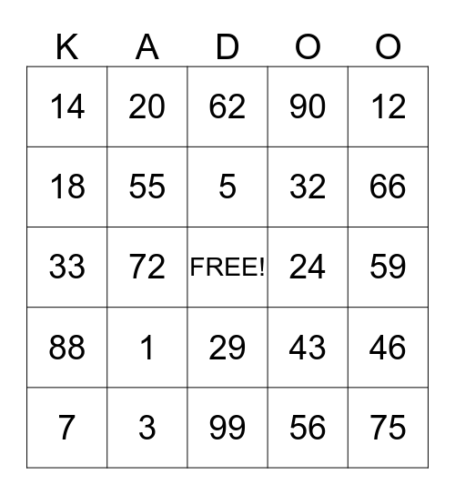 Bingo Kadoo Bingo Card