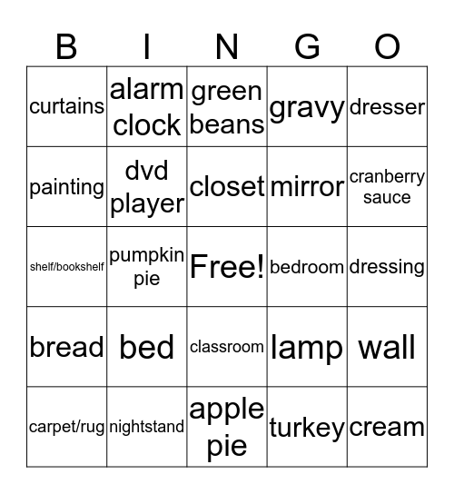 muebles/habitacion/comida de dia de accion de gracias Bingo Card