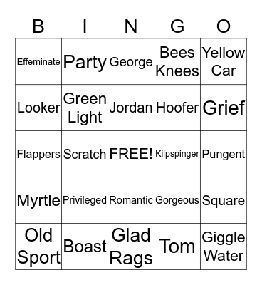 The Great Gatsby Bingo Card