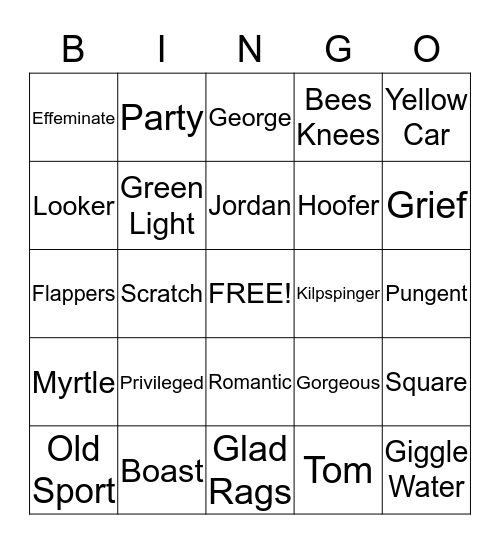 The Great Gatsby Bingo Card