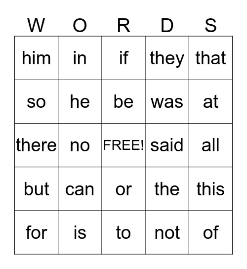 SIGHT WORDS Bingo Card