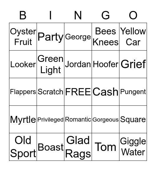 The Great Gatsby Brunch Bingo Card
