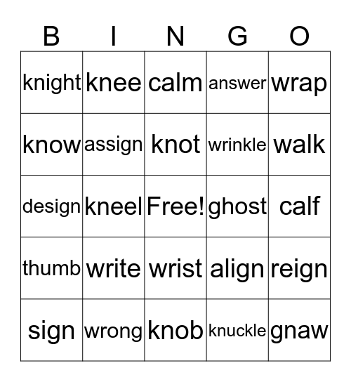 Silent letters g,k,b and w Bingo Card