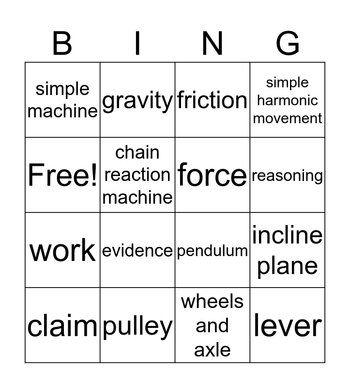 Simple Machines and Motion Bingo Card