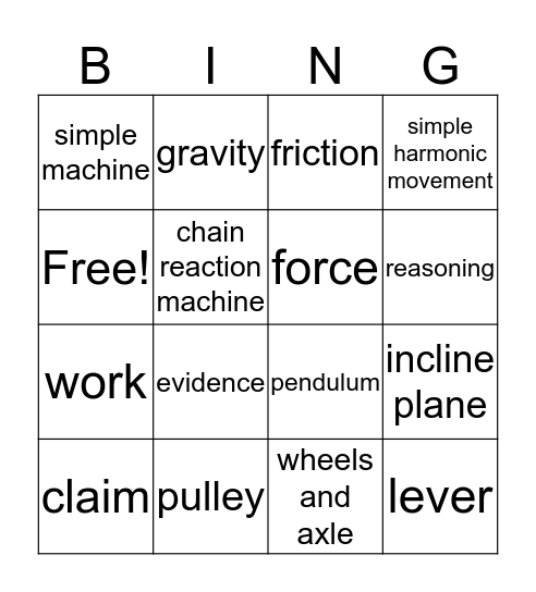 Simple Machines and Motion Bingo Card