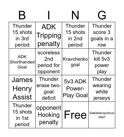 Adirondack Thunder Hockey  Bingo Card