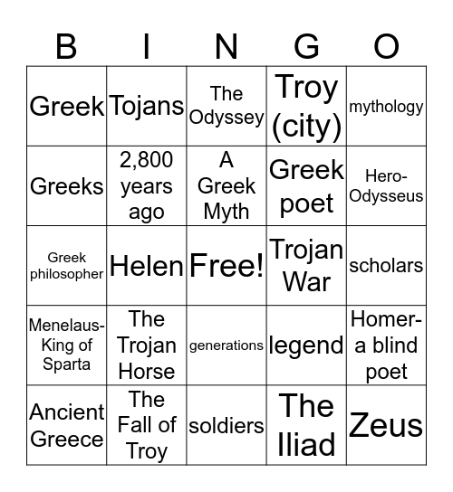 The Trojan Horse Vocabulary-BINGO Card