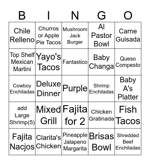 Baby A's Bingo Card