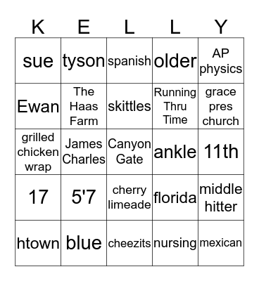 kelly bday bingo!!! Bingo Card