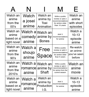 A-P's Anime Bingo Challenge Bingo Card