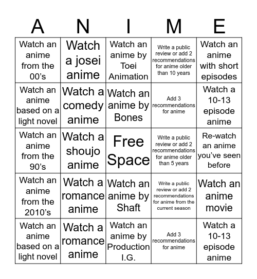 A-P's Anime Bingo Challenge Bingo Card