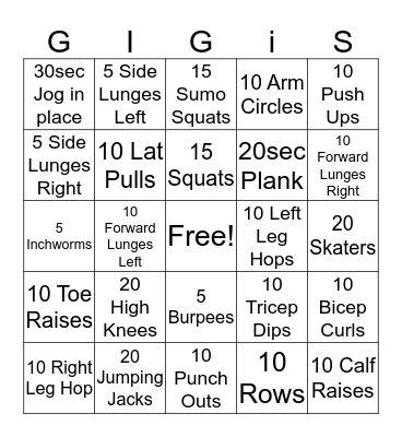 Fitness Bingo Card