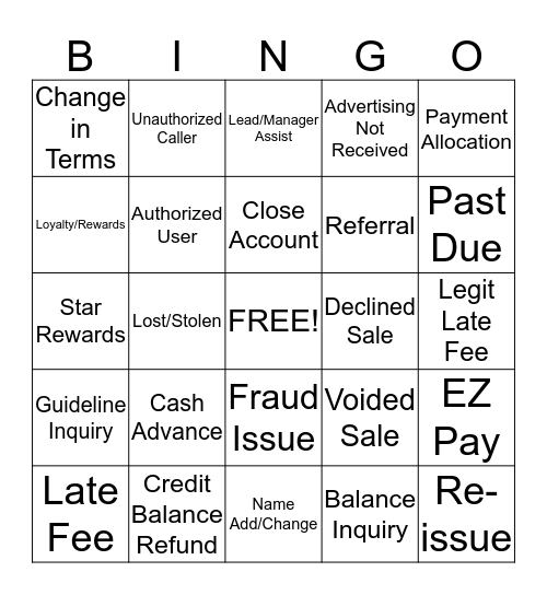 Call Type BINGO Card