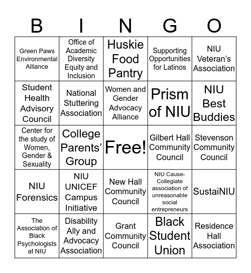 Advocacy and Support Orgs at NIU Bingo Card