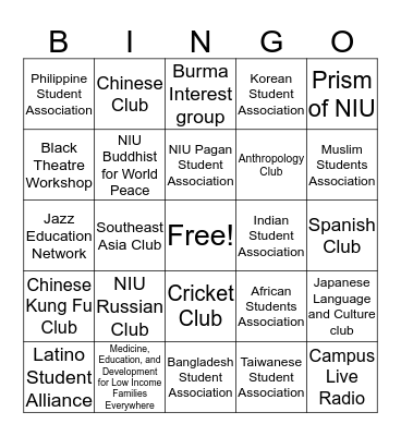 Diversity and Cultural Orgs at NIU Bingo Card