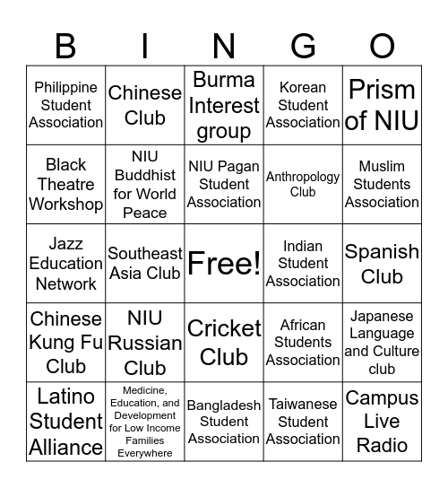 Diversity and Cultural Orgs at NIU Bingo Card
