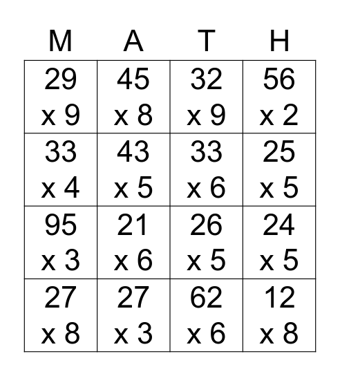 2-Digit times 1-digit Bingo Card