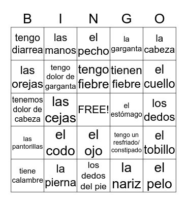 EL CUERPO Y LA SALUD Bingo Card