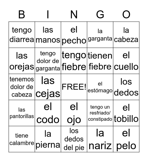 EL CUERPO Y LA SALUD Bingo Card